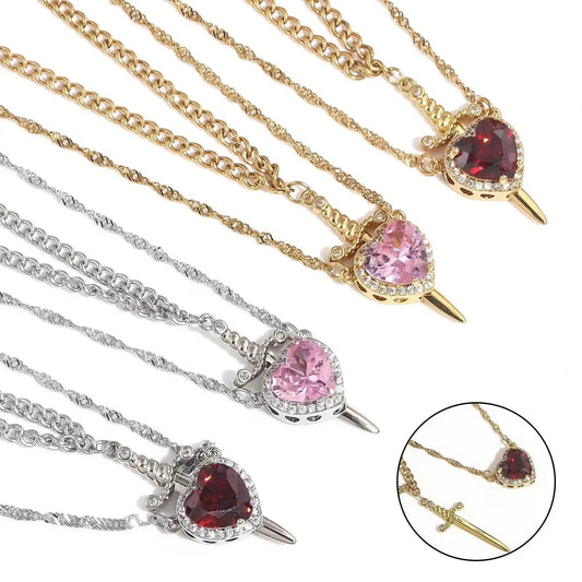 New Heart And Sword Necklace Set Gold Color Stainless Steel Crystal Couple Necklaces For Women Men Boyfriend Girlfriend Gifts - ProTrendyz