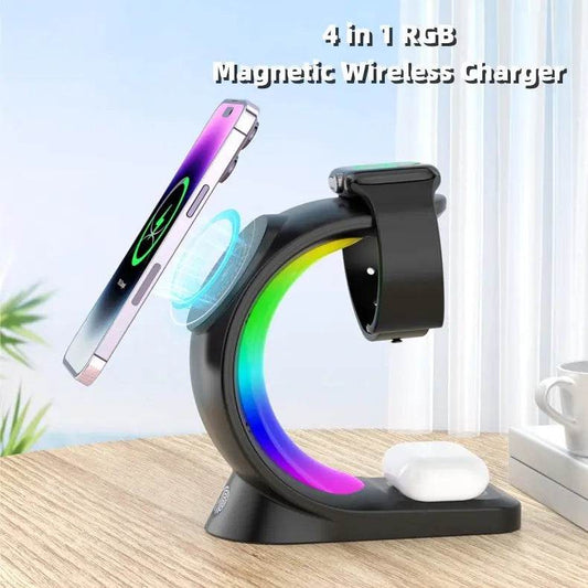 4 In 1 Magnetic Wireless Charger Fast Charging For Smart Phone Atmosphere Light Charging Station For Airpods Pro I-phone Watch - ProTrendyz