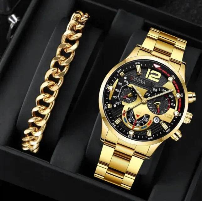 2pcs Men's New Popular Steel Strip Fashion Business Three Eye Quartz Watch Bracelet Set Valentine's Day Gifts - ProTrendyz