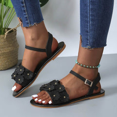 Retro Flowers Sandals Summer Casual Versatile Round Toe Buckle Flat Beach Shoes For Women New Roman Shoes - ProTrendyz