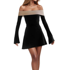 Contrast Color Laminated Chest Wrap Long Sleeve Dress
