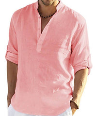 Men's Casual Cotton Linen Solid Color Long Sleeve Shirt Loose Stand Collar - ProTrendyz