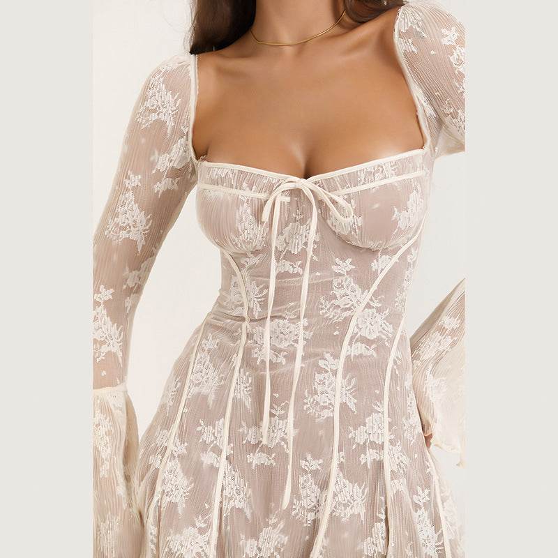 Lace Square Collar Dress Bell-bottom Long Sleeve Tied A- Line Dresses Womens Clothing - ProTrendyz