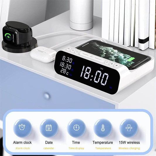 15W Three-in-one Wireless Charger Temperature Tester Multi Alarm Clock Fast Charging Mobile Phone Usb Charger Charging Station - ProTrendyz