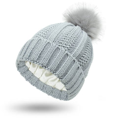 Fashion Stretchy Satin Lined Skull Knit Hats Beanie Hat For Women Faux Fur Pom Pom Hat Winter Keep Warming Beanie Hat - ProTrendyz