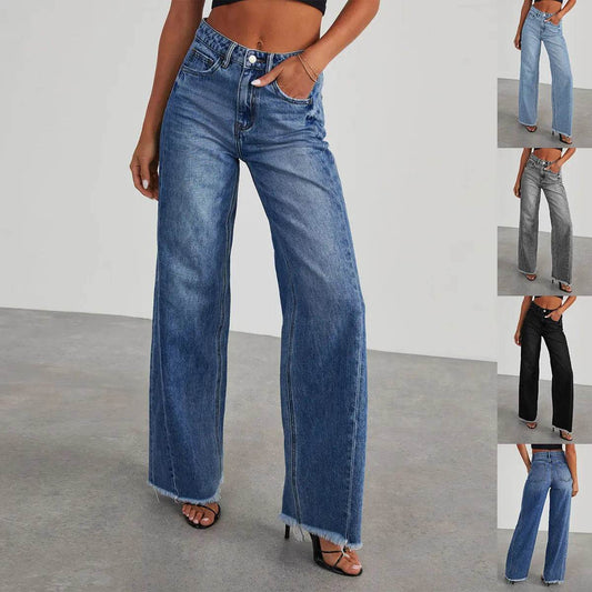 Fashion High Waist Jeans With Pockets Comfortable Slim Fit Straight Wide-leg Pants Womens Clothing - ProTrendyz