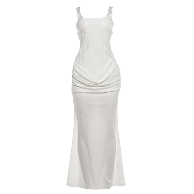 Womens Elegant Solid-Color Slim-Fit Waist-Cinching Backless Slip Dress