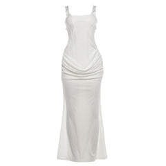 Womens Elegant Solid-Color Slim-Fit Waist-Cinching Backless Slip Dress