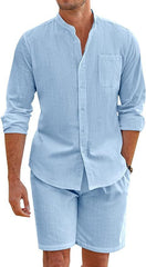 Men's Summer Two-piece Polyester Button Shirt Long Sleeve Shorts