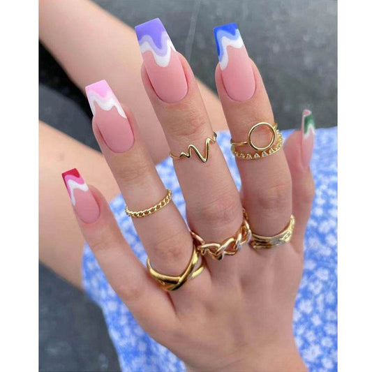 Fake Nails Multicolored Wave Pattern Extra Long Ballerina Frosted Nail Art - ProTrendyz