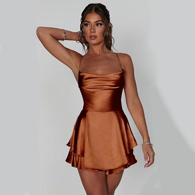 Sexy Suspender Skirt For Women Elegant Slim Strap Satin Backless Lace Up A-Line Short Dress Lady - ProTrendyz