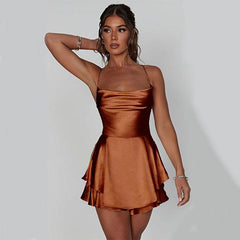 Sexy Suspender Skirt For Women Elegant Slim Strap Satin Backless Lace Up A-Line Short Dress Lady - ProTrendyz