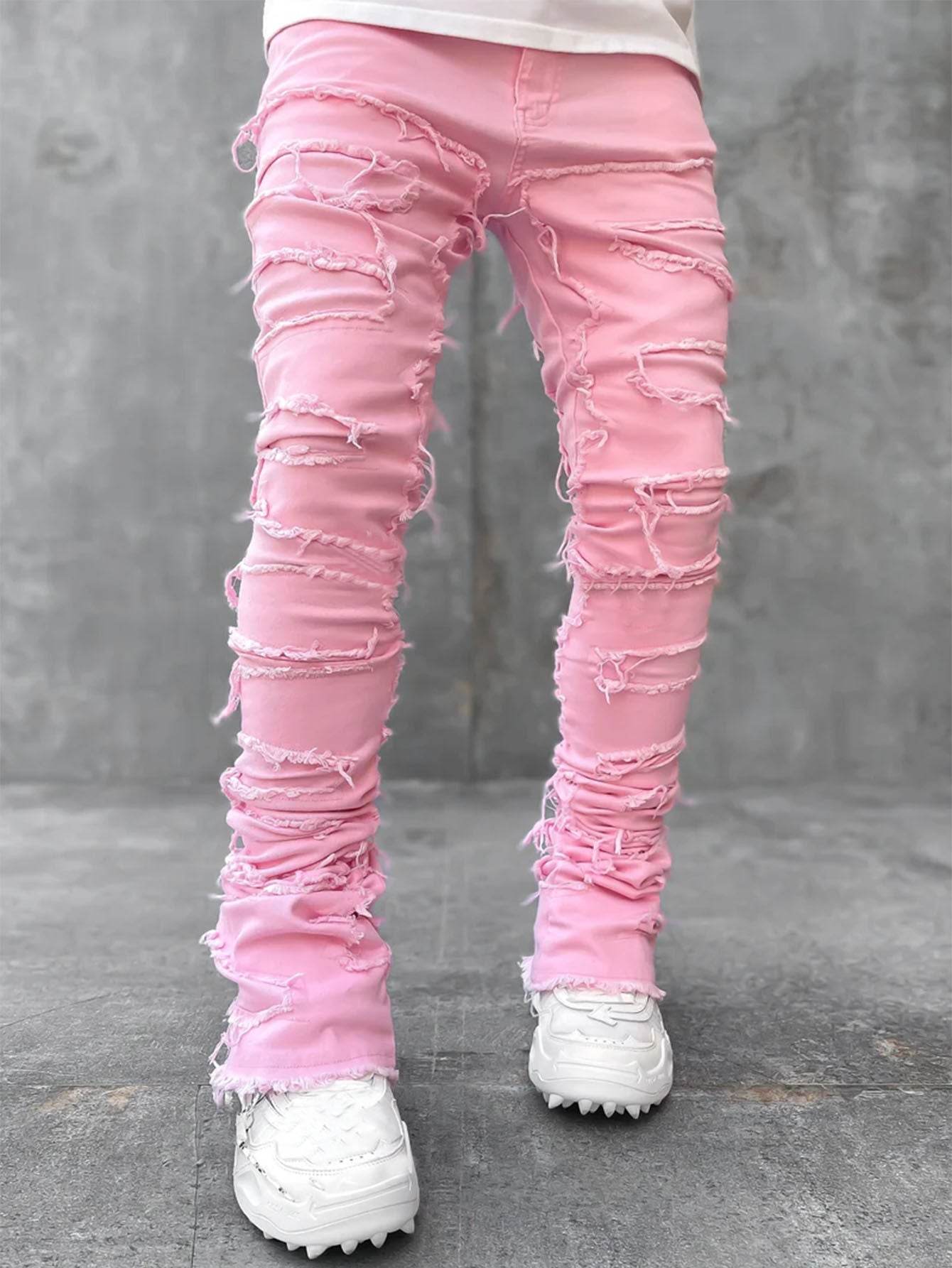 Men Trousers Individual Patched Pants Long Tight Fit Stacked Jeans For Mens Clothing - ProTrendyz