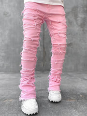 Men Trousers Individual Patched Pants Long Tight Fit Stacked Jeans For Mens Clothing - ProTrendyz