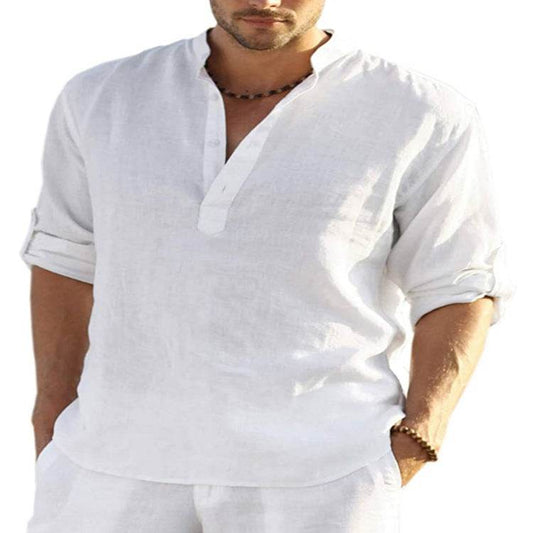 Men's Casual Cotton Linen Solid Color Long Sleeve Shirt Loose Stand Collar - ProTrendyz