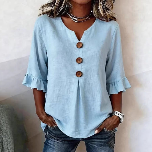 Women's V-neck Cotton-linen Button-up Top