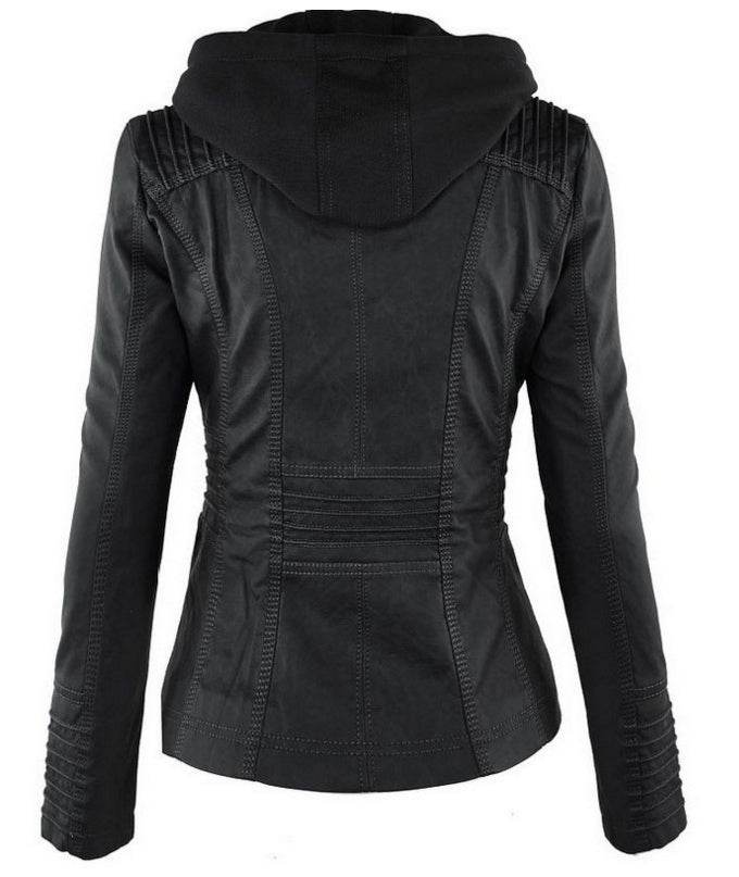 Fashion Detachable Hooded Jacket With Pockets Casual Solid Color Zipper Long Sleeve Leather Coat Autumn Winter Women's Clothing - ProTrendyz