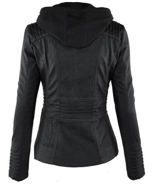 Fashion Detachable Hooded Jacket With Pockets Casual Solid Color Zipper Long Sleeve Leather Coat Autumn Winter Women's Clothing - ProTrendyz