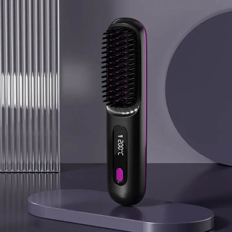 2 In 1 Straight Hair Comb Wireless Hair Straightener Brush Hair Fast Heating Portable Hot Curler USB Charging - ProTrendyz