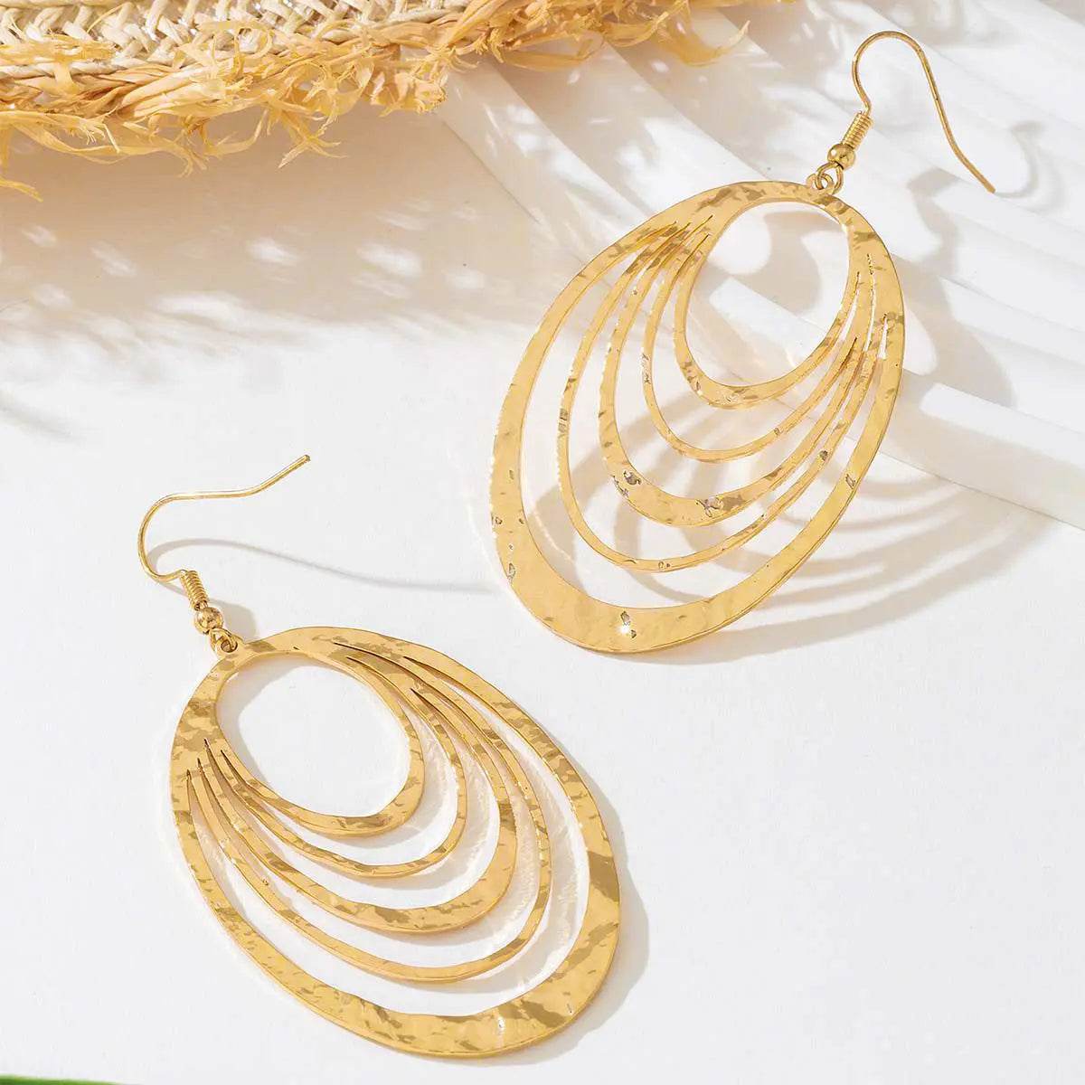 European And American Fashion Elegant 3 Layer Hollow Oval Shaped Big Gold-color Stainless Steel Dangle Drop Earrings - ProTrendyz