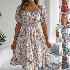 Floral Print Square Collar Dress Summer Fashion Ruffles Dresses Women's Clothing - ProTrendyz