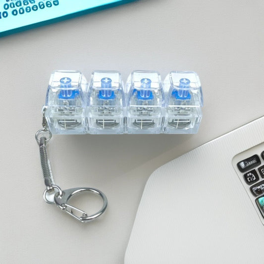 4Keys Mechanical Keyboard Electronic Luminous Transparent Crystal Height Pressure Reduction Finger Button Anti Stress Keycap Toy Schoolbag Pendant Keychain Decompression Clicker Gadget Gift