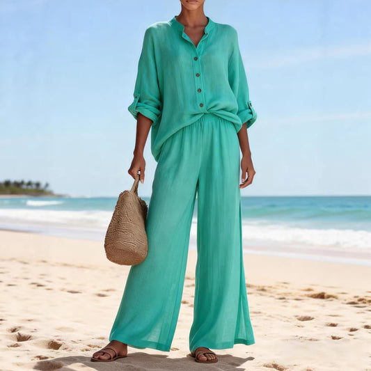 Womens Casual V Neck Long Sleeve Shirt And Pants Set In Cotton Available In Multiple Colors