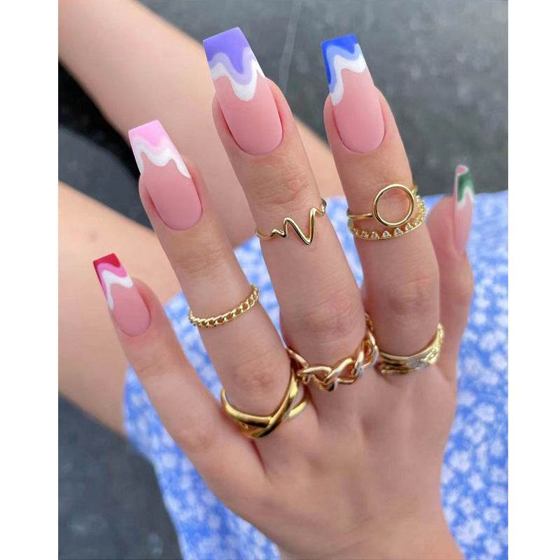 Fake Nails Multicolored Wave Pattern Extra Long Ballerina Frosted Nail Art - ProTrendyz