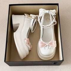 Sweet Pearl Bow Platform Mary Janes 2026 New Lolita Style Chunky Heel Pumps