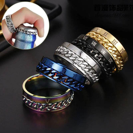 Roman Letter Rotatable Chain Rings Men Digital Titanium Steel RingFor Couple High Quality Multifunctional Bottle Opener Ring Spinner Jewelry Punk Gifts US - ProTrendyz
