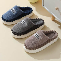 Home Slippers For Men Thick-soled Color-block Letters Fluffy Fleece House Shoes Winter Indoor Warm Slip On Floor Bedroom Slipper - ProTrendyz