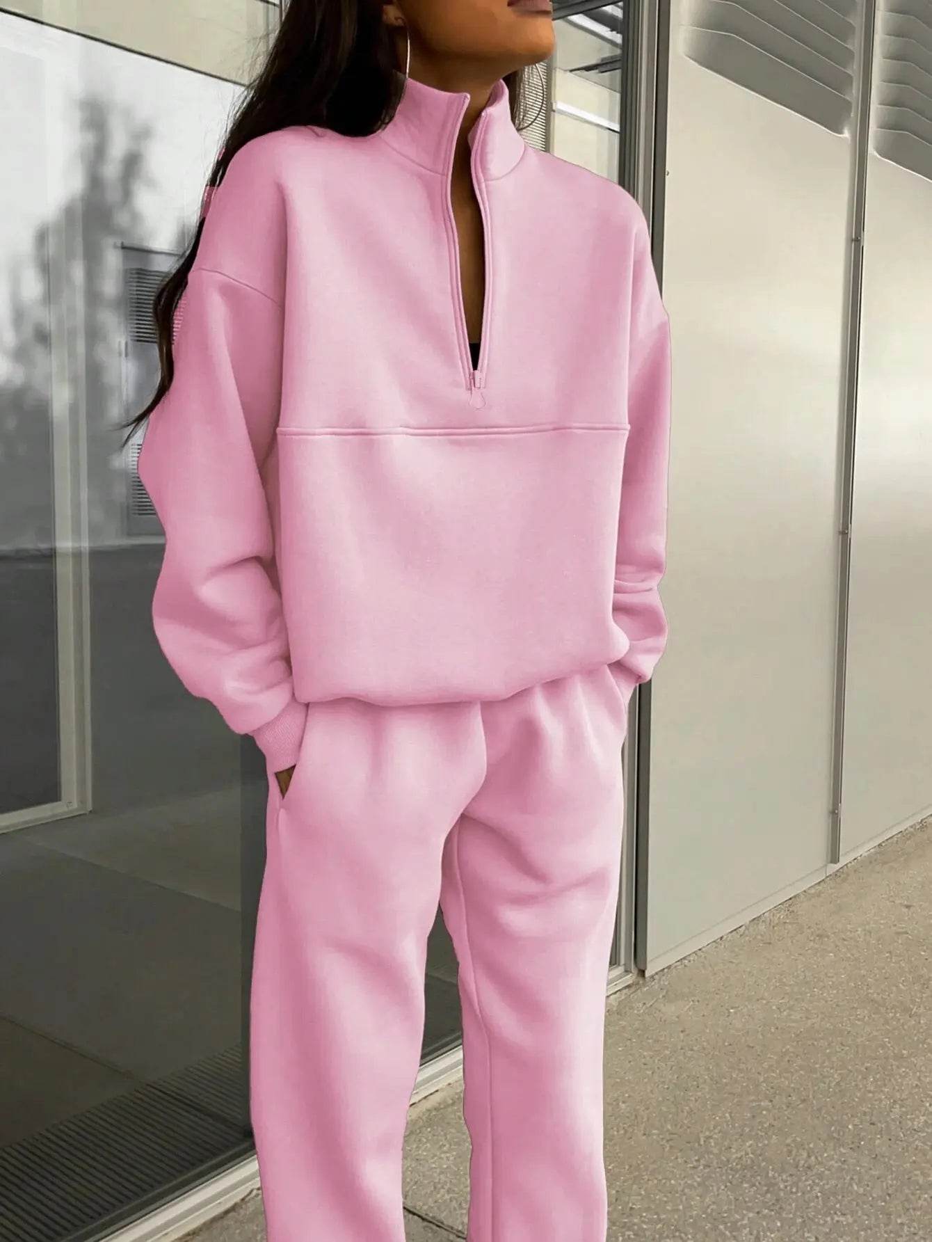 Long-sleeved Sports Sweatshirt Suit Fashion Stand-up Collar Zip-up Top And Elastic Band Trousers With Pocket Spring Fall Clothing For Women US - ProTrendyz