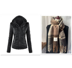 Fashion Detachable Hooded Jacket With Pockets Casual Solid Color Zipper Long Sleeve Leather Coat Autumn Winter Women's Clothing - ProTrendyz