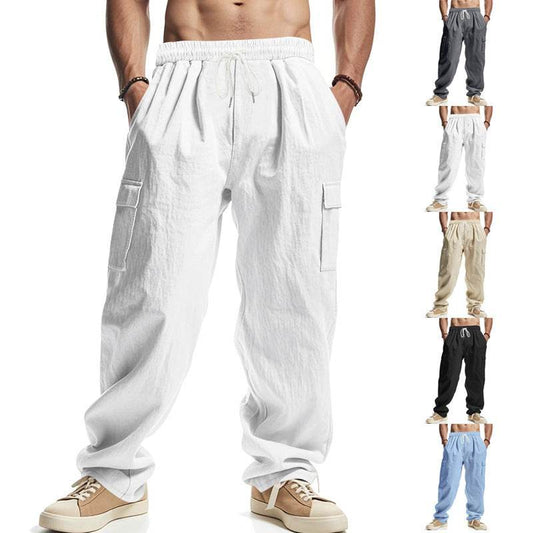 Men's Workwear Multi-pocket Straight Linen Pants Linen Four Seasons Thin Breathable Cargo Pants, Multi-pocket Loose Casual Trendy Wide-leg Pants - ProTrendyz
