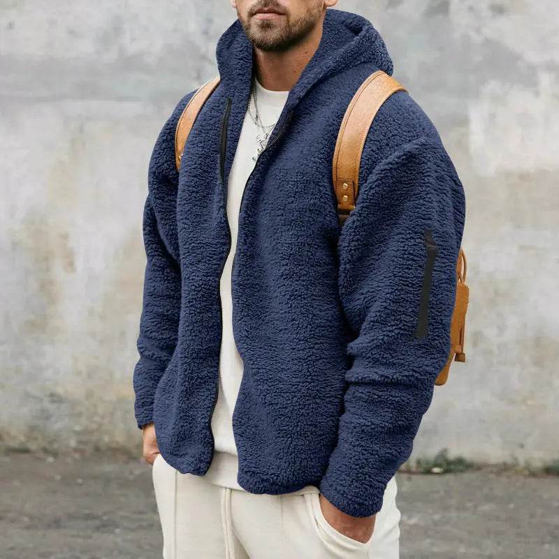 Plush Hooded Jacket Men's Autumn And Winter Fleece Double-sided Wear Warm Coat With Zipper Loose Casual Jacket Outdoor Clothing - ProTrendyz