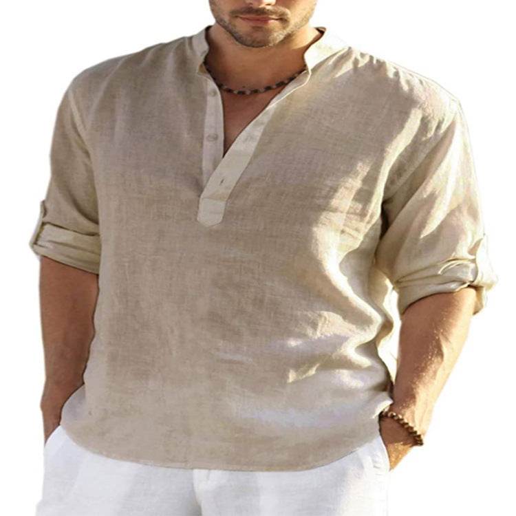 Men's Casual Cotton Linen Solid Color Long Sleeve Shirt Loose Stand Collar - ProTrendyz