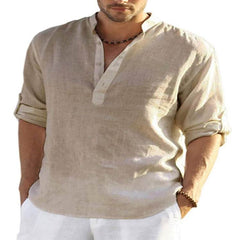 Men's Casual Cotton Linen Solid Color Long Sleeve Shirt Loose Stand Collar - ProTrendyz