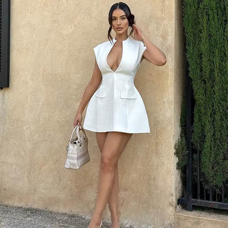 Sexy Deep V-neck A-line Dress Summer Fashion French Style Slimming Short Dresses Cardigan Temperament Dress Skirt Hot Girl - ProTrendyz