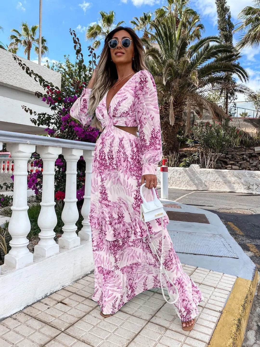 Elegant Women's Hollow Floor V-neck Long-sleeved Plant Dress Long Dresses Spring Summer Print V-neck Long Sleeve Dress - ProTrendyz
