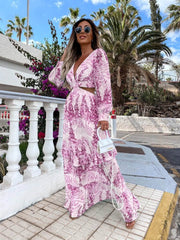 Elegant Women's Hollow Floor V-neck Long-sleeved Plant Dress Long Dresses Spring Summer Print V-neck Long Sleeve Dress - ProTrendyz