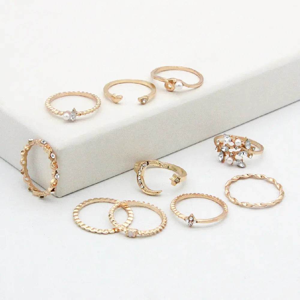 Bohemian Fashion Star Moon Love Pearl Leaf 10-Piece Ring - ProTrendyz