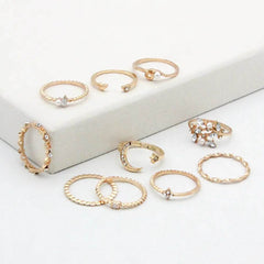 Bohemian Fashion Star Moon Love Pearl Leaf 10-Piece Ring - ProTrendyz
