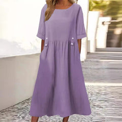 Women's Fashion Casual Cotton Linen Short Sleeve Pocket Dress