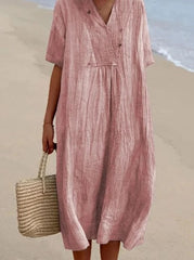 Women's Cotton And Linen Solid Color And V-neck Fashion Style Dress