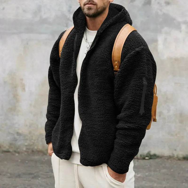 Plush Hooded Jacket Men's Autumn And Winter Fleece Double-sided Wear Warm Coat With Zipper Loose Casual Jacket Outdoor Clothing - ProTrendyz