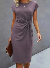 Women's Casual Tight Front Knot Round Neck Mid-length Dress