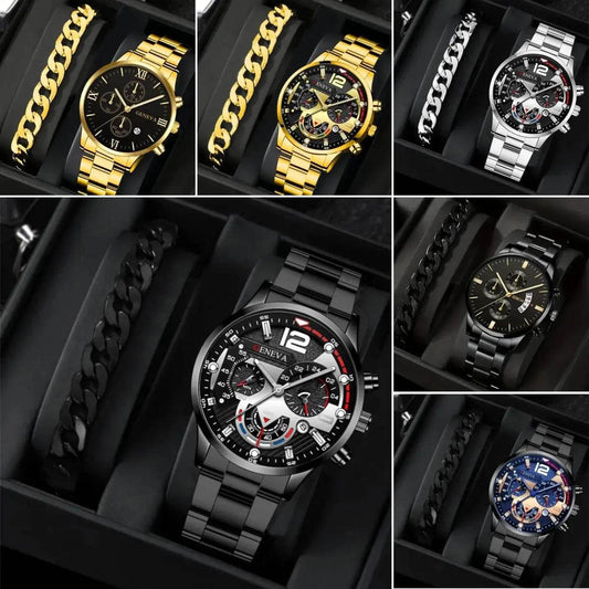 2pcs Men's New Popular Steel Strip Fashion Business Three Eye Quartz Watch Bracelet Set Valentine's Day Gifts - ProTrendyz