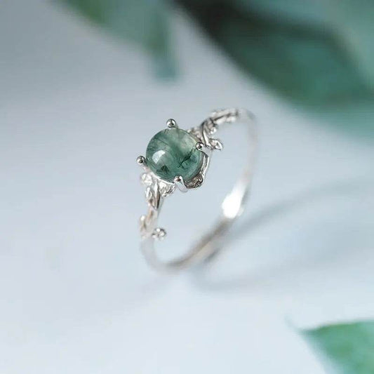 S925 Silver Green Moss Ring Water Plants Agate Stone Finger Ring US - ProTrendyz