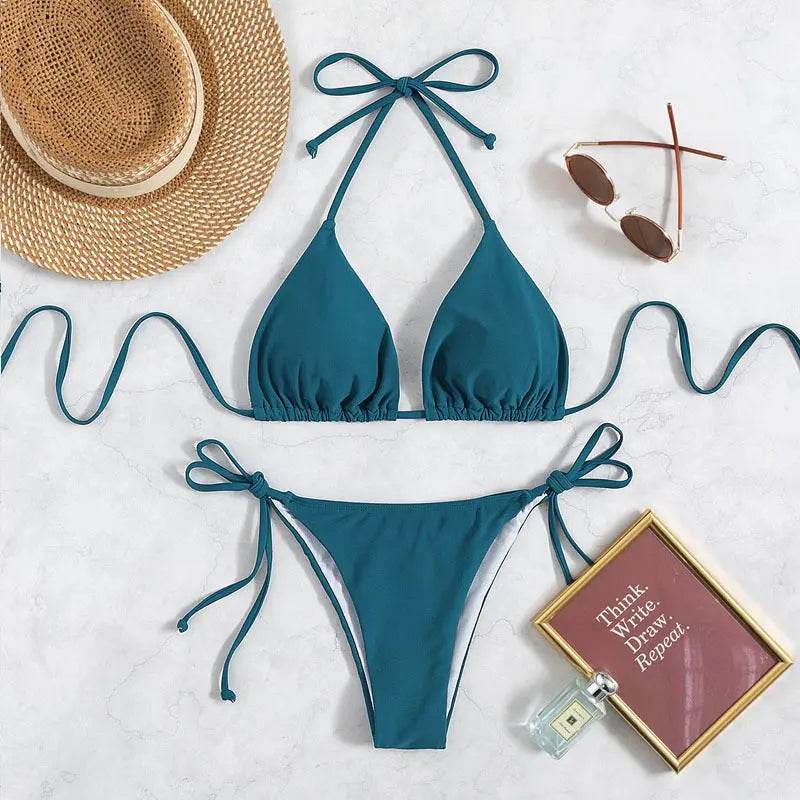 Pure Color Tied Halter Bikini Swimsuit - ProTrendyz