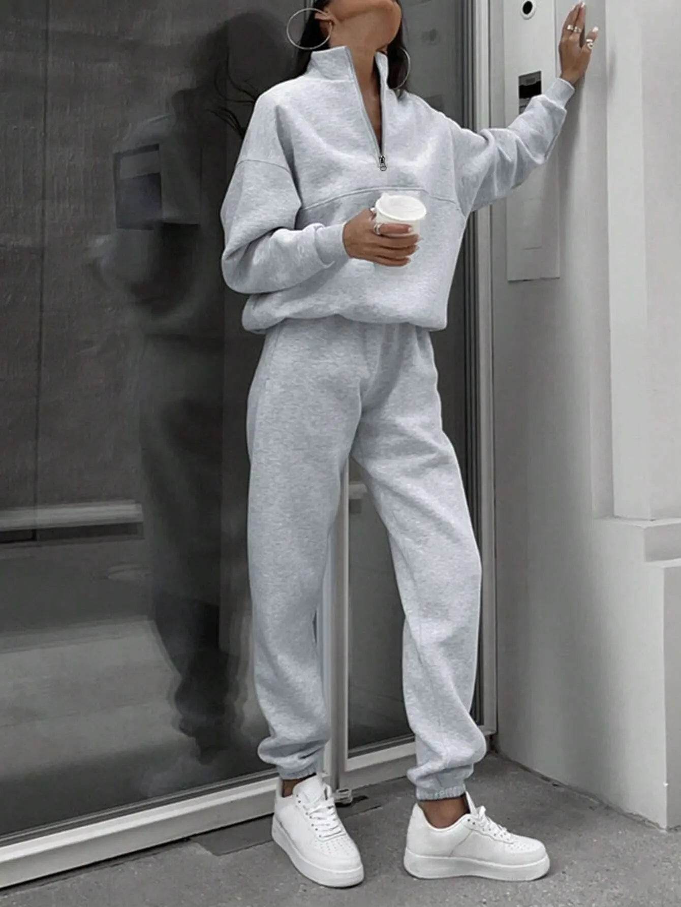 Long-sleeved Sports Sweatshirt Suit Fashion Stand-up Collar Zip-up Top And Elastic Band Trousers With Pocket Spring Fall Clothing For Women US - ProTrendyz